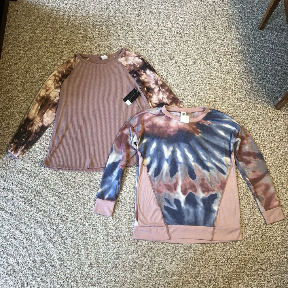 Lot of 2 Womens Long Sleeve Shirt Tops Size S-M Oversized Pink Blue Tie Dye NWOT